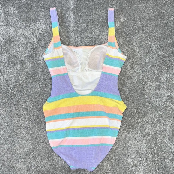 M Vintage Anne Cole Pastel Striped Cotton One Piece High Cut Low Back Swimsuit - Picture 6 of 11